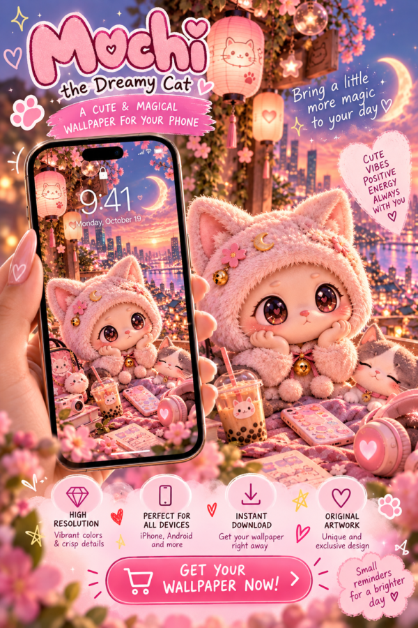 Mochi the Dreamy Cat 🌸🐱 | Magical Kawaii Wallpaper